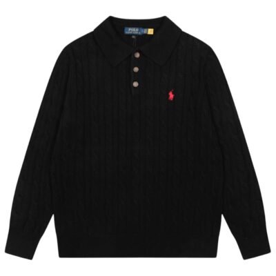 Ralph Lauren Cable-Knit Cotton Long Sleeve Polo “Black”